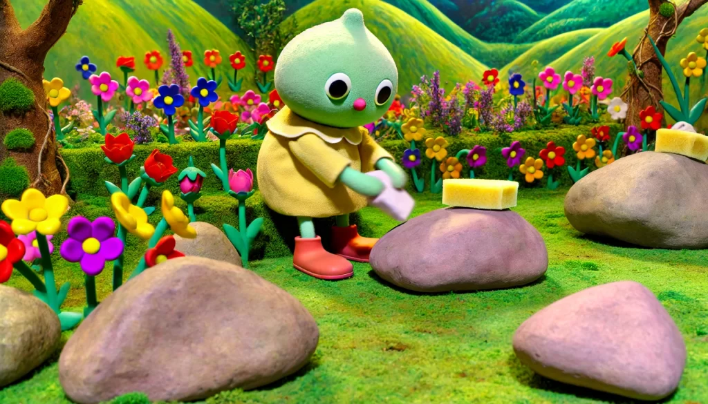 Makka Pakka cleaning stones in a colorful garden, reflecting his simple and beloved nature from 'In the Night Garden.