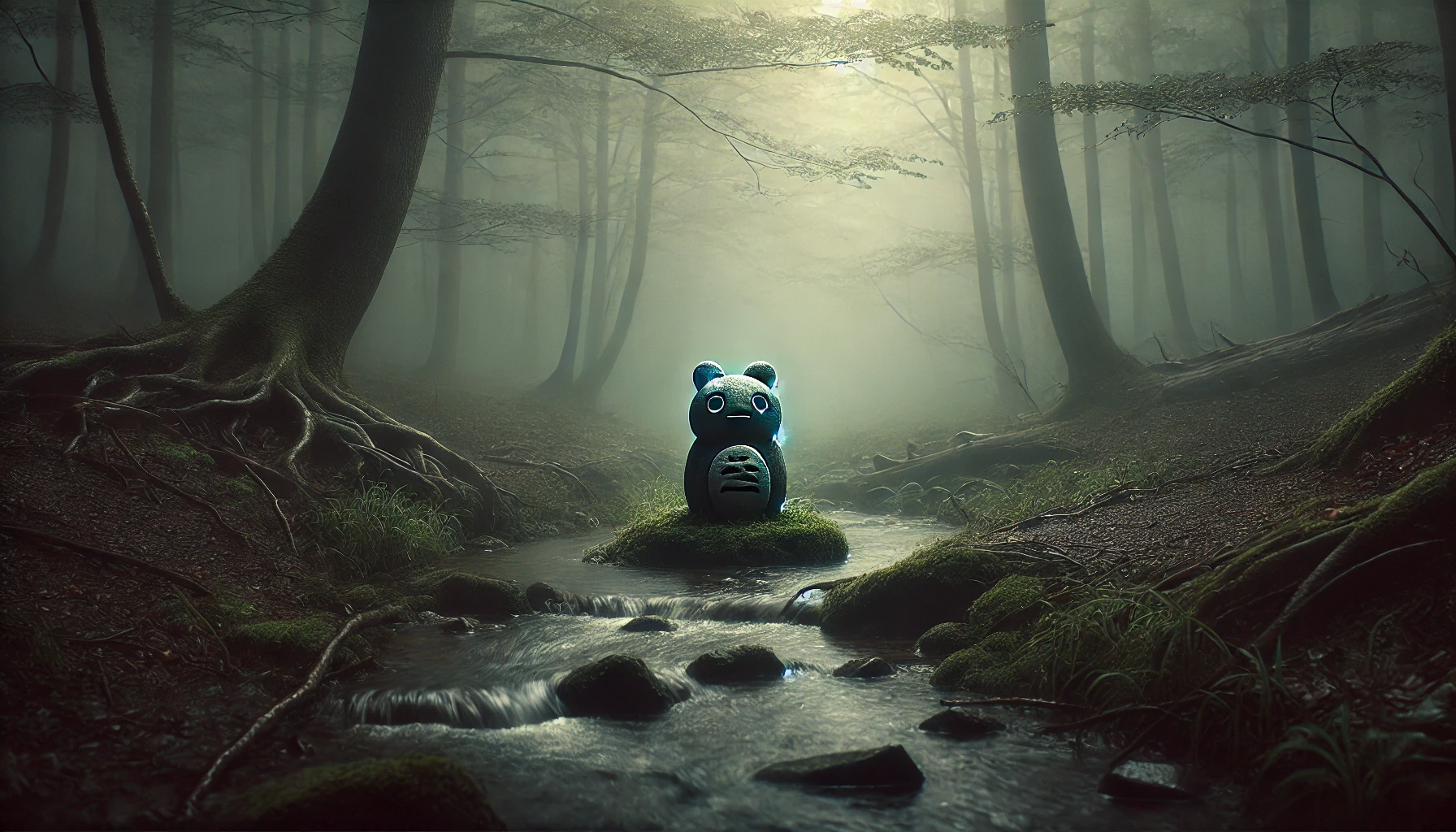 Makka Pakka Death sculpture in a misty forest symbolizing loss and longing.