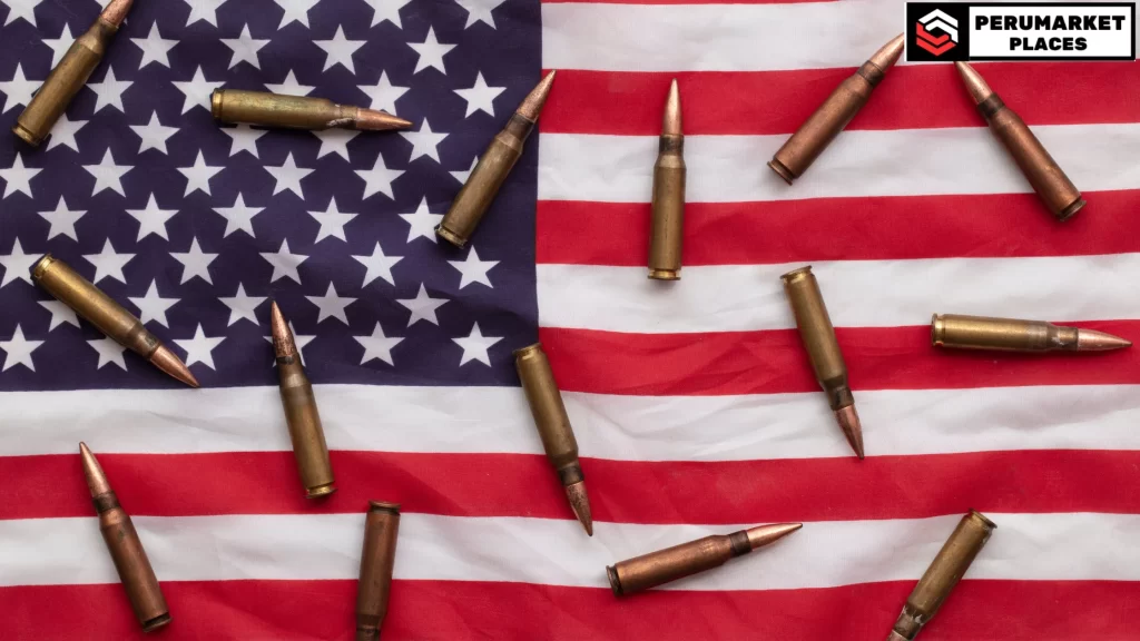 "Can you buy a firearm the same day in Florida? Image of bullets on the American flag, symbolizing the intersection of firearm laws and national rights."