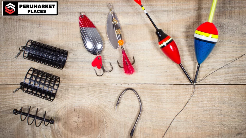 A selection of fishing gear, including hooks, lures, and floats, ready for a San Diego fishing adventure.