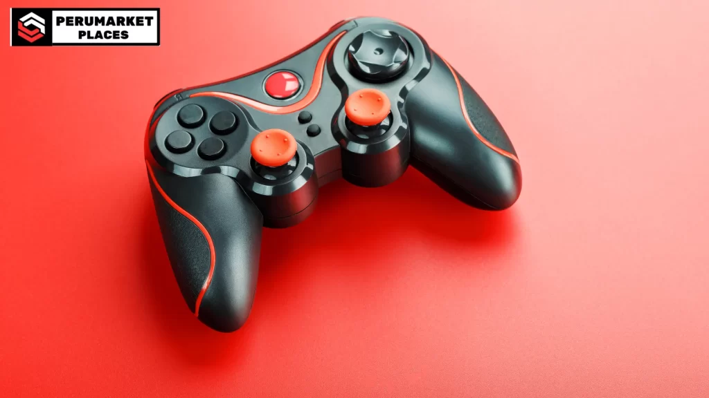 A black and red gaming controller on a bright red background with a logo in the corner. Wondering Can You Play MK One with One Controller on Switch? This sleek controller design could be used for an immersive gaming experience on the Nintendo Switch.